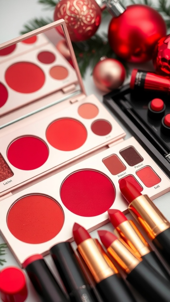 A colorful makeup palette with red shades for Christmas looks, surrounded by holiday decorations.
